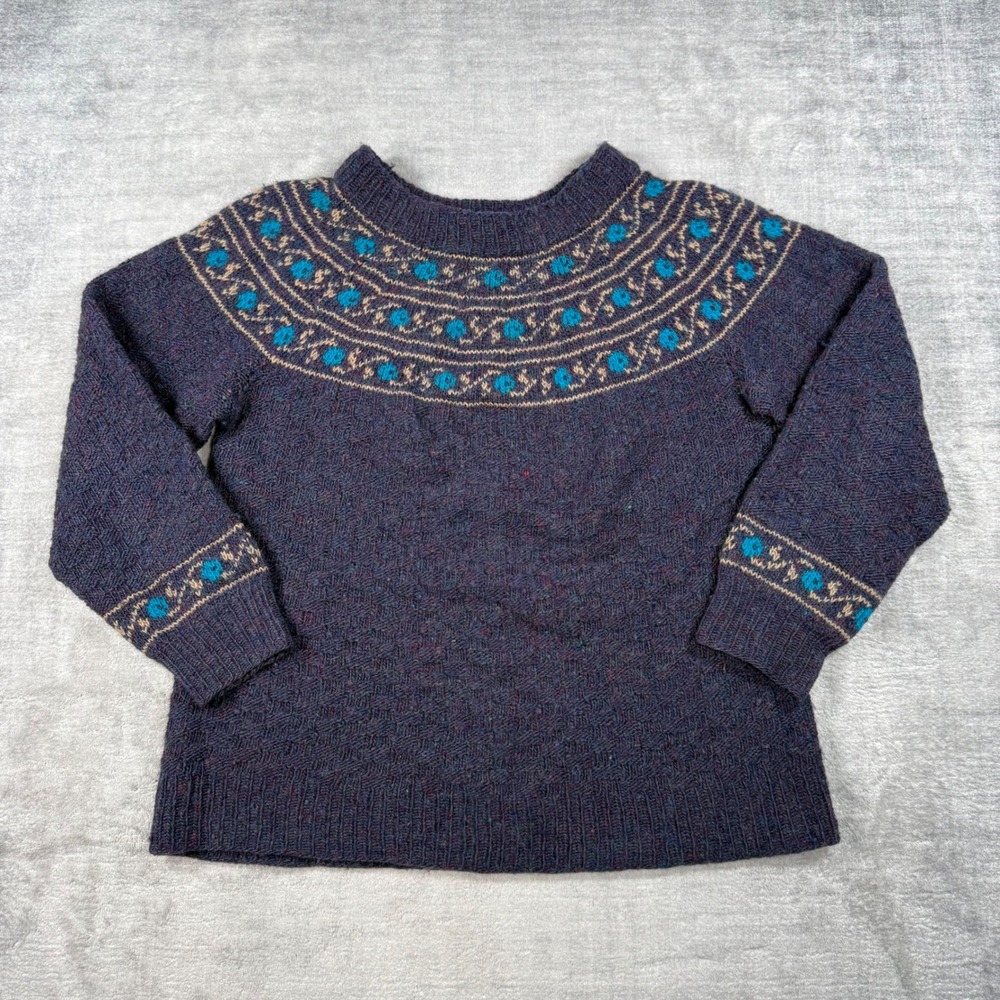 Vintage Handknit Sweater Women Large Purple Floral Nordic Fair Isle Wool Ski